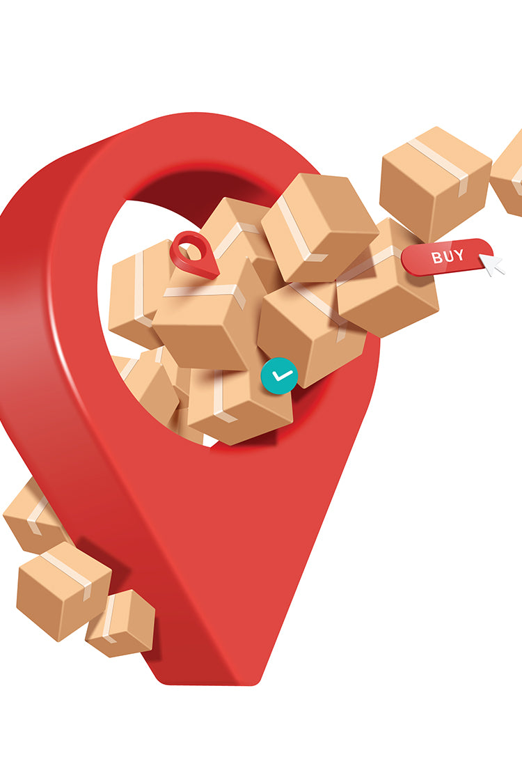 An image features a large red location pin icon with several brown cardboard boxes emerging from its center. The boxes, wrapped in white tape, symbolize packages for delivery. A small red label reading "BUY" with an arrow and a green checkmark icon are also present, indicating the concept of online shopping and successful delivery. The overall design conveys themes of e-commerce, shipping, and location-based services. The background is white, keeping the focus on the vibrant red pin and the packages.